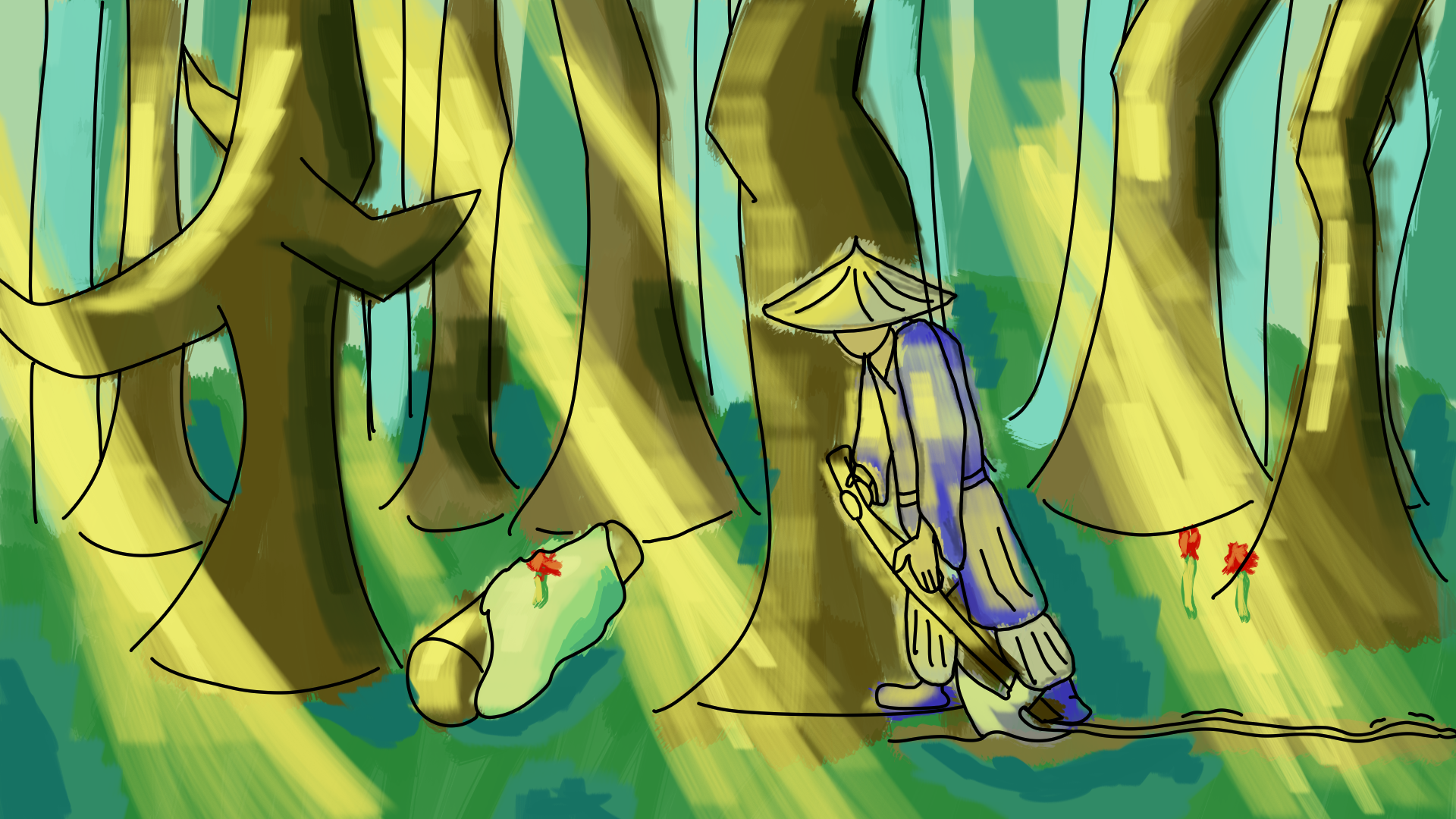 A guy walking through a forest with rays of sunshine